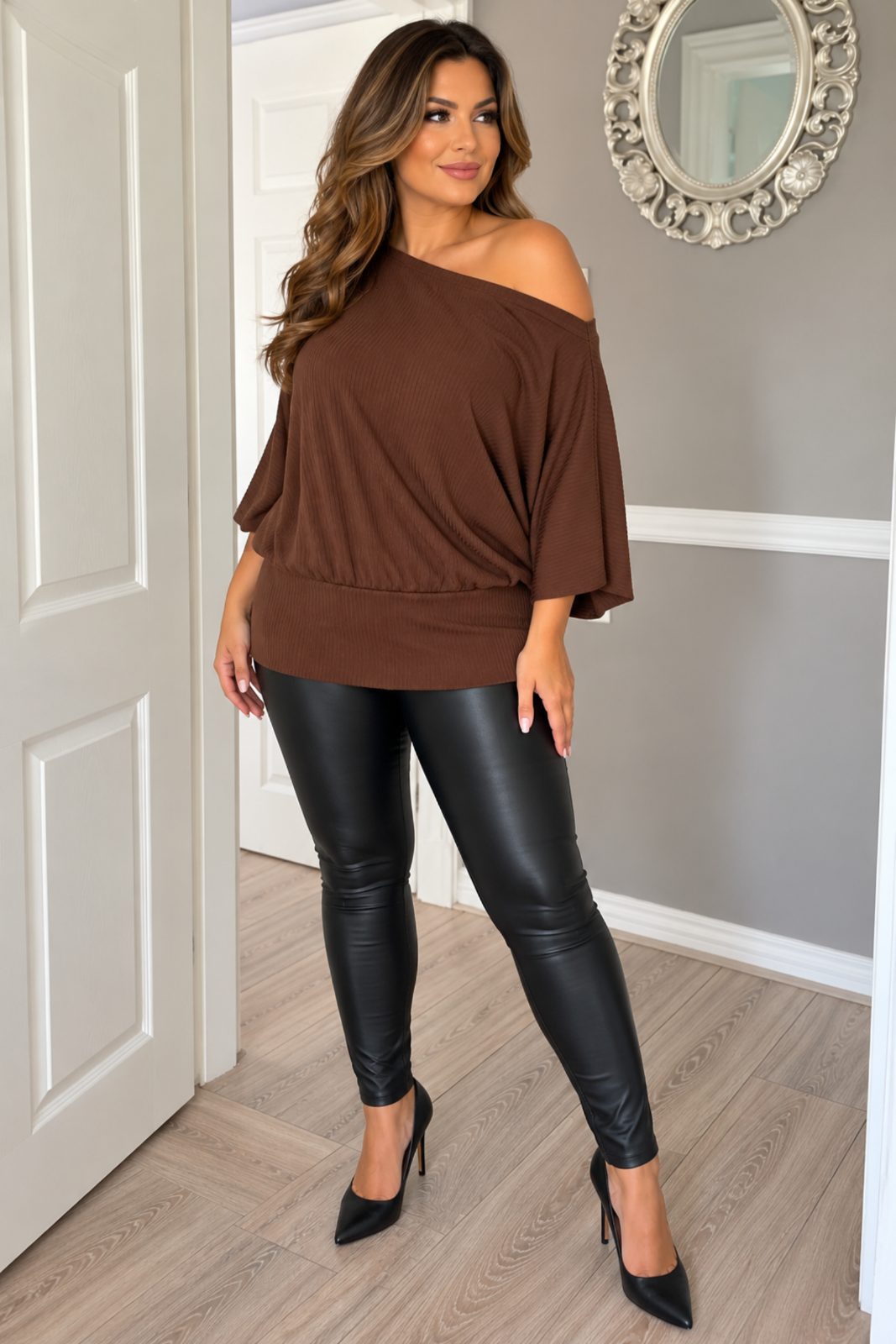 Brown off shoulder batwing top size xl