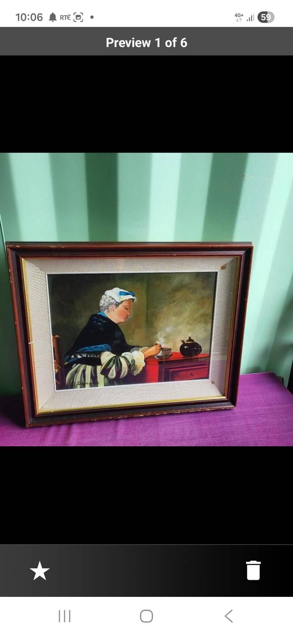 Framed Oil Painting. A lady taking tea