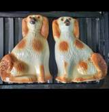 Large Vintage Staffordshire Style Wally Dogs, Pair. Amber Glass Eyes 3