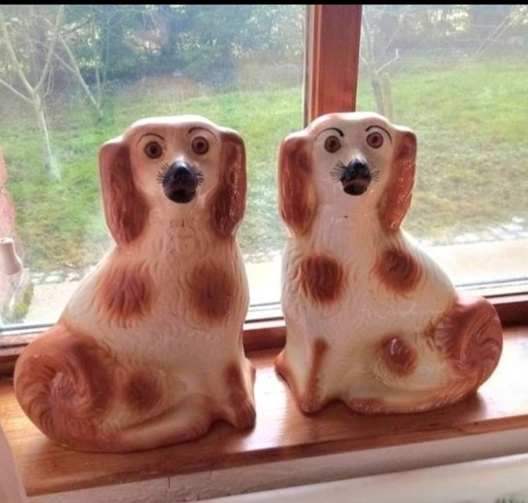 Large Vintage Staffordshire Style Wally Dogs, Pair. Amber Glass Eyes