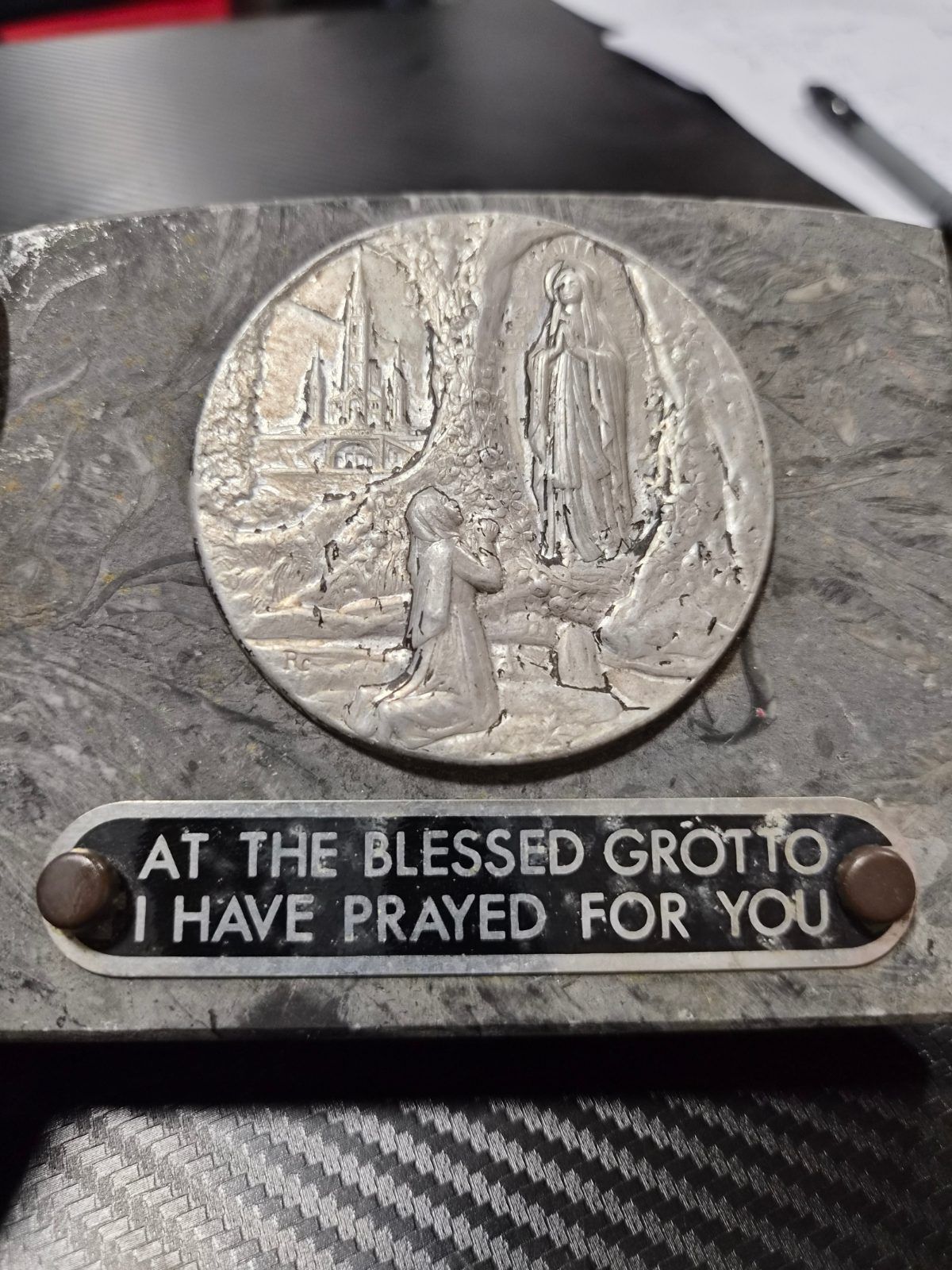 Vintage 1950s Our Lady of Lourdes Marble Plaque Souvenir - St. Bernadette Grotto