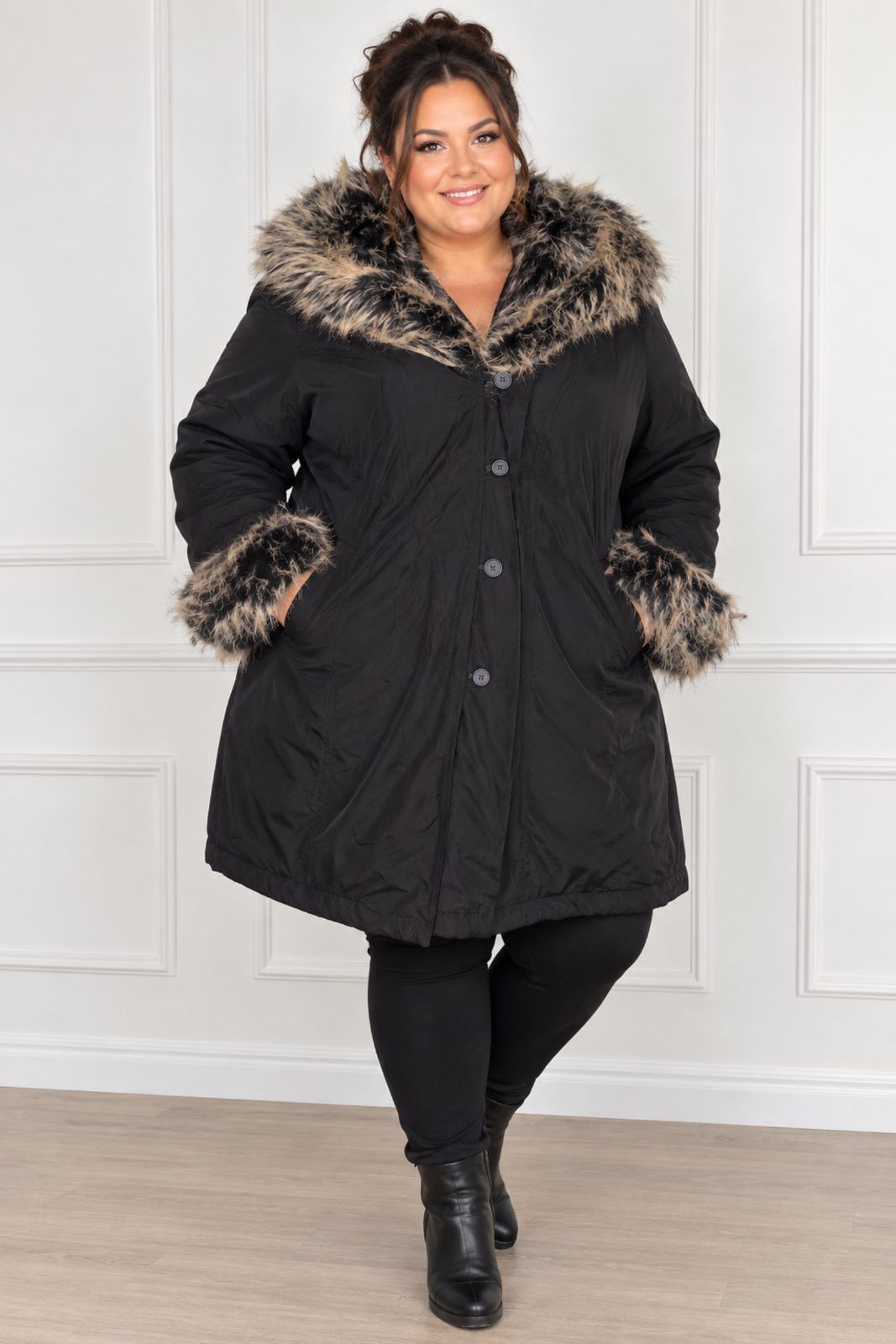 Essence Black Faux Fur Trim winter coat size 26/28