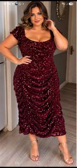 Boohoo Burgundy sequin ruched midi dress size 18 1