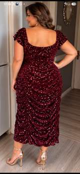 Boohoo Burgundy sequin ruched midi dress size 18 2