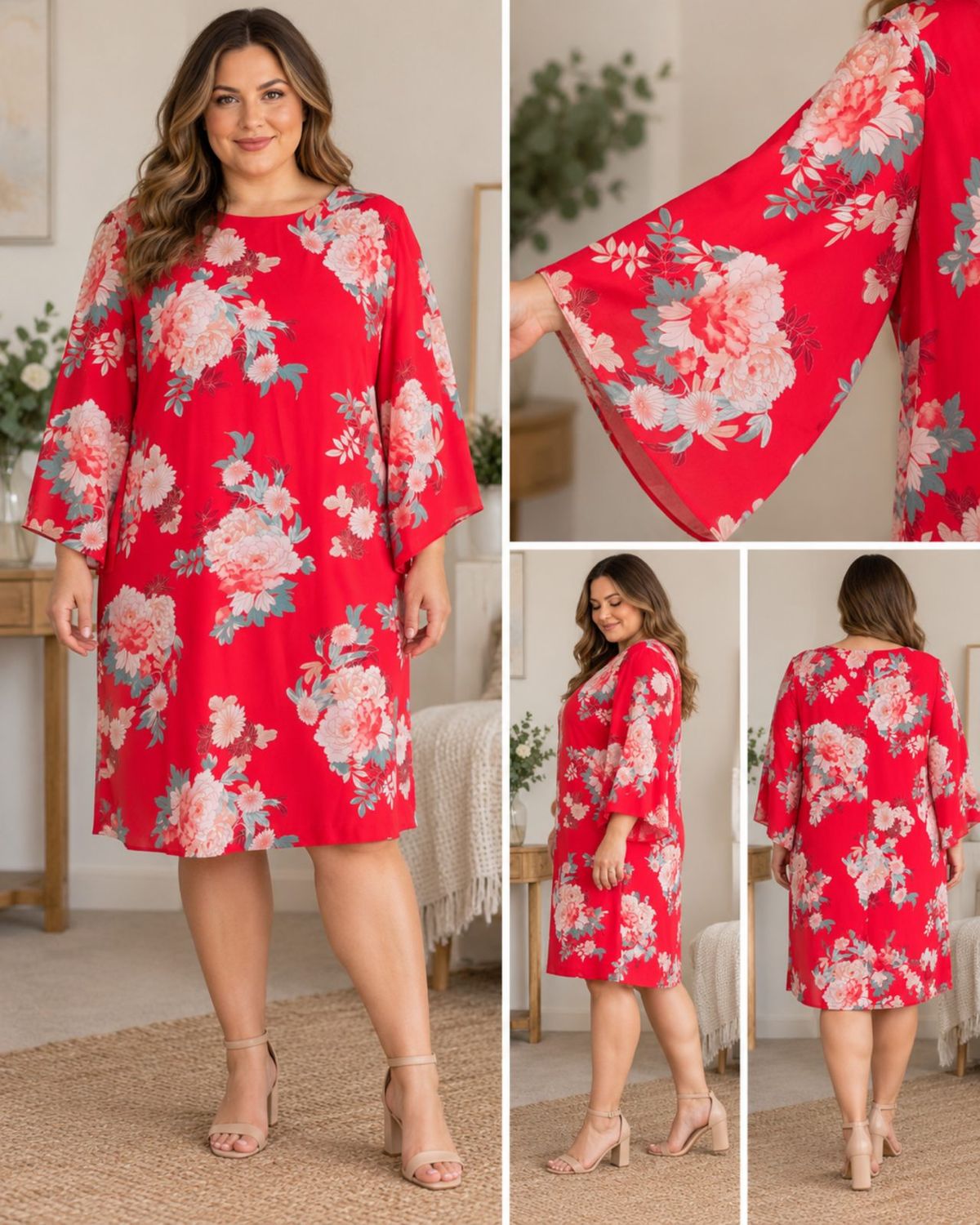 Wallis Red Floral Angel Sleeve Shift Dress Size 18