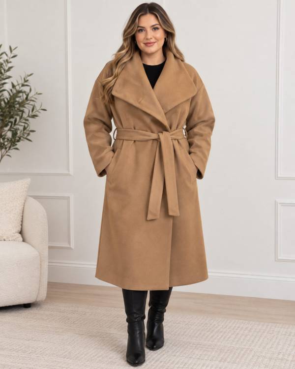 Dunnes Camel Funnel Wrap Belted Coat Size L BNWT