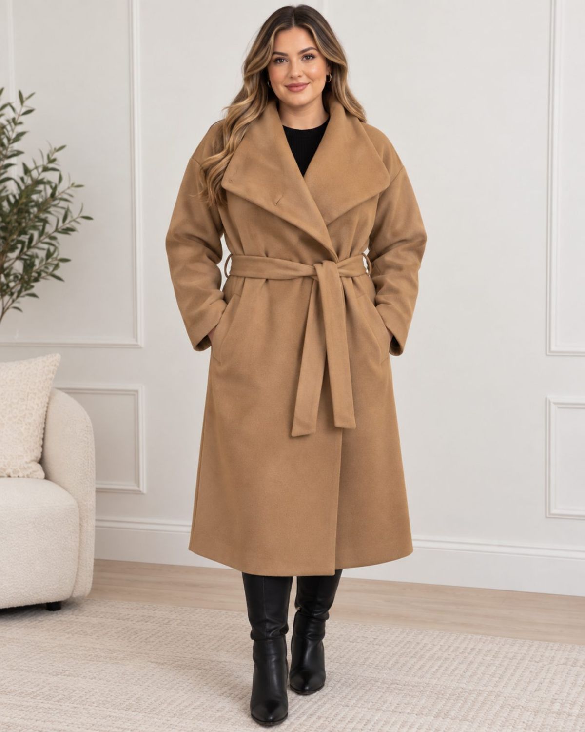 Dunnes Camel Funnel Wrap Belted Coat Size L BNWT