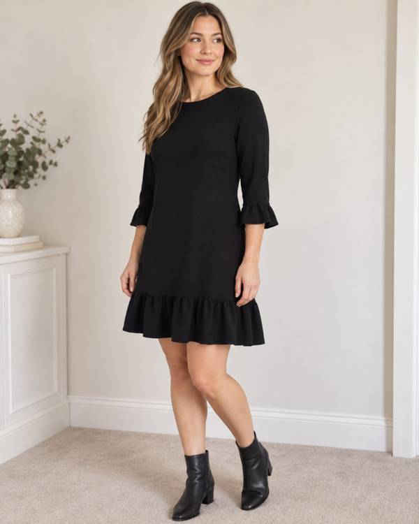 Boohoo Black Ruffle Hem Shift Dress – UK 12